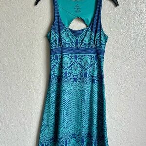 prAna XS Skypath Racerback Cutout Dress Teal Blue Geometric Athletic Sundress